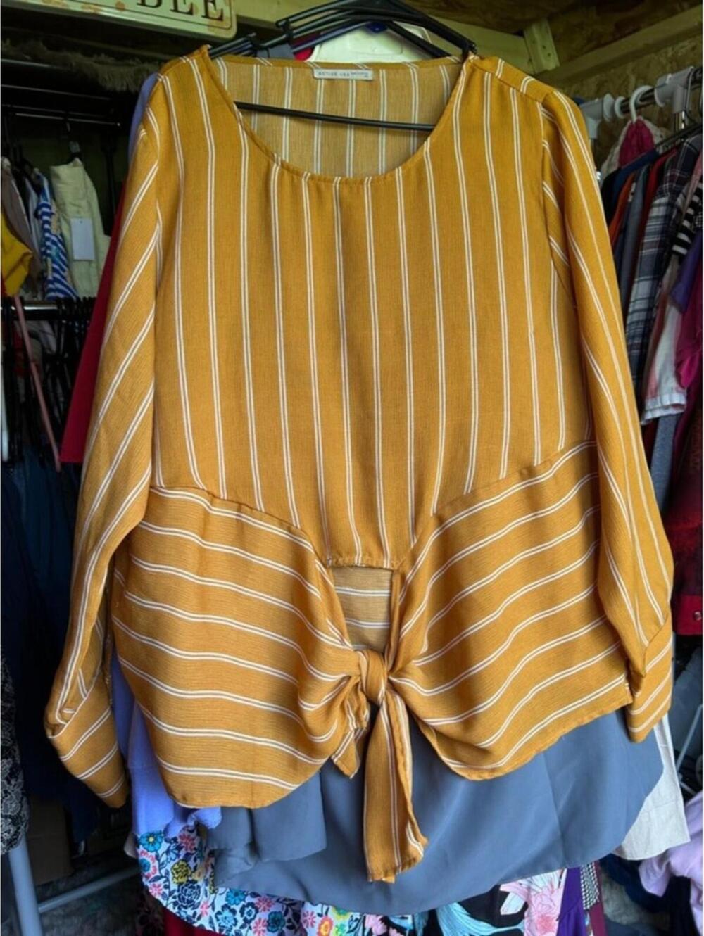 Active USA Women's 2XL Mustard Yellow Striped Long Sleeve Tie-Front Blouse